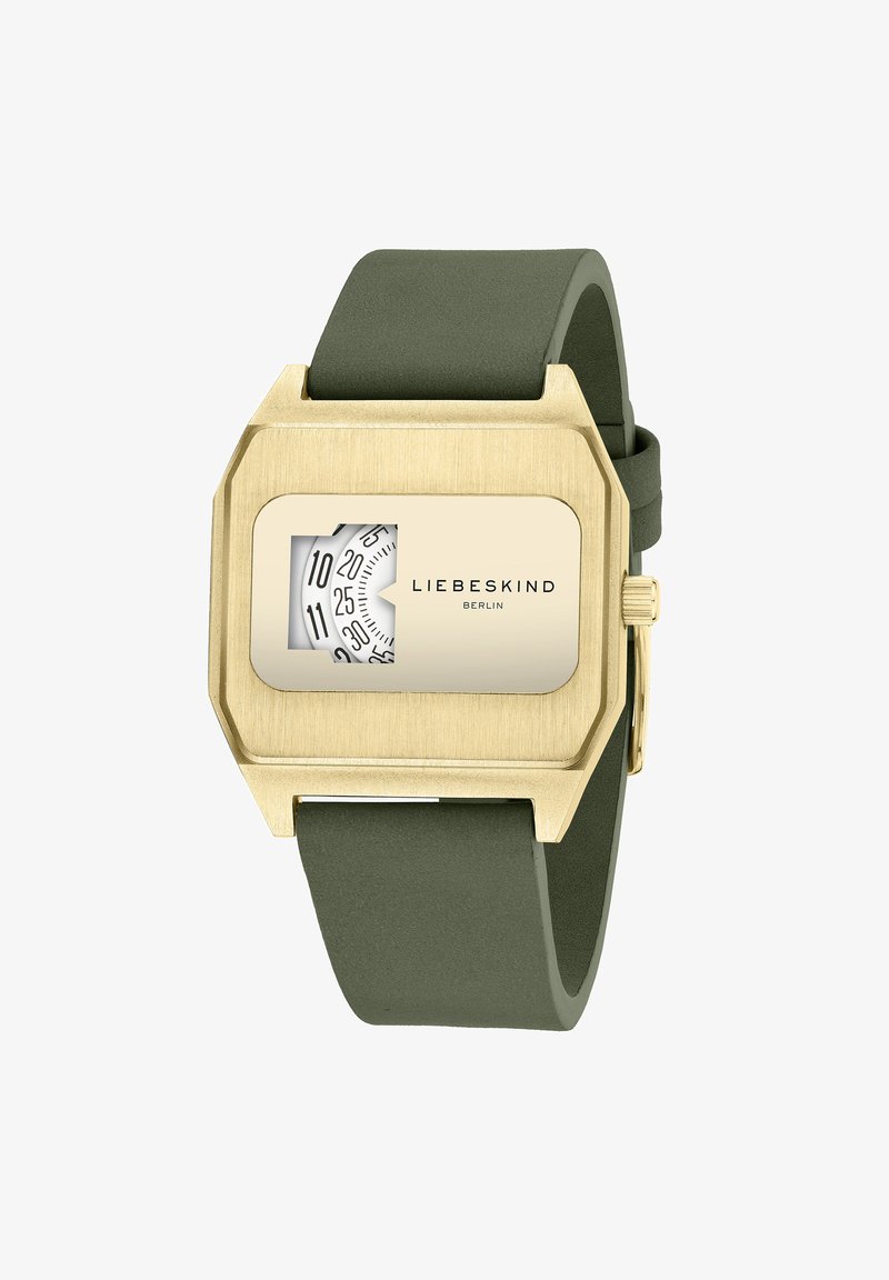 Rechthoekig horloge met een kast van goudkleurig metaal en een olijfgroene silic strap. Heeft een witte wijzerplaat met een minimalistisch ontwerp.