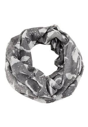 Gray infinity scarf with white floral and dot patterns, loosely coiled on a white background.