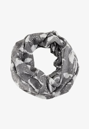 Écharpe infinity grise avec motifs floraux blancs et pois, enroulée lâchement sur un fond blanc.