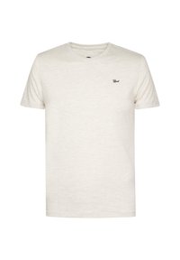 T-shirt a maniche corte di colore beige chiaro con colletto rotondo e un piccolo logo nero sulla parte superiore sinistra del petto. Tessuto morbido e testurizzato.