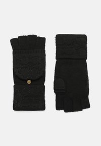 Zwarte gebreide handschoenen met een gestructureerd patroon en een bontachtige accent. Kenmerkt een omgevouwen ontwerp met een knoopdetail en blootgestelde vingertoppen.