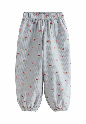 Svetlomodré a biele pásikavé detské nohavice s elastickým pásom a vzorom červených čerešní po celej ploche.