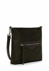 Green suede handbag with brown leather accents and a front zip pocket. Features a detachable strap and smooth, textured surfaces.