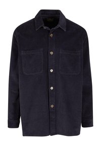 Marineblaue Bokashirt mit Kragen, zwei vorderen Taschen und braunen Knöpfen; besitzt vertikale Längsrillen und eine durchgehende Knopfleiste.