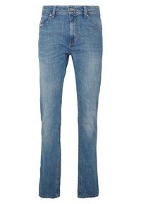 Light blue denim jeans with a straight leg design, featuring a button and zipper closure, five pockets, and subtle stitching details.