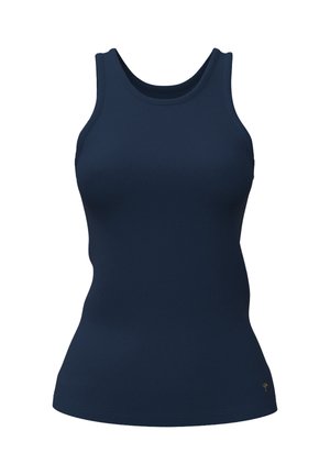 Débardeur bleu marine sans manches en tissu lisse et extensible. Doté d'un col rond et d'une coupe cintrée. Design minimaliste.