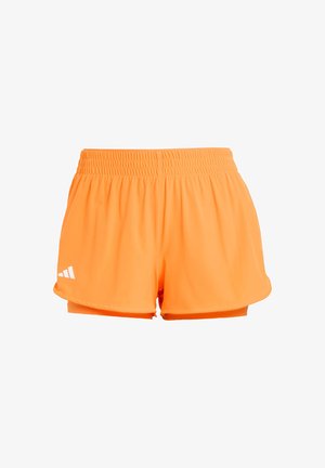 Orange athletic shorts with an elastic waistband, lightweight fabric, and contrasting white logo detail on the lower left side.
