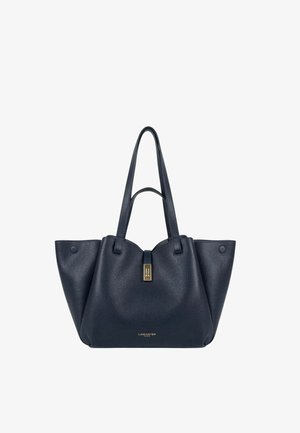 Sac cabas en cuir noir avec double bandoulière, fermoir doré et logo Lancaster Paris au centre en bas devant.