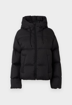 Black quilted puffer jacket with hood, front zipper, drawstrings, and two front pockets on a plain white background.