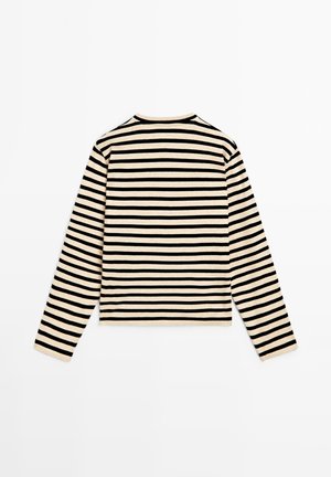 Langærmet beige skjorte med sorte vandrette striber, rund hals og lige kant, lagt fladt med bagsiden opad.