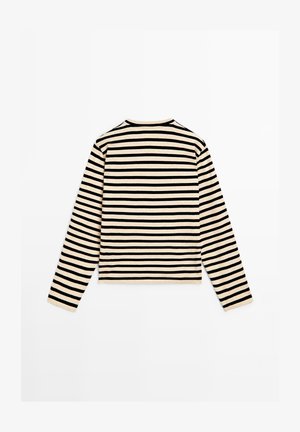 Langærmet beige skjorte med sorte vandrette striber, rund hals og lige kant, lagt fladt med bagsiden opad.