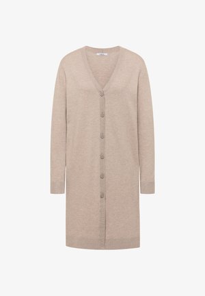 Knee-length beige cardigan made of soft knit material with a V-neckline and seven central buttons, featuring long sleeves and ribbed cuffs.