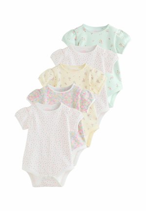 Five short-sleeve baby bodysuits in pastel colors with small floral patterns, arranged in a fanned stack.