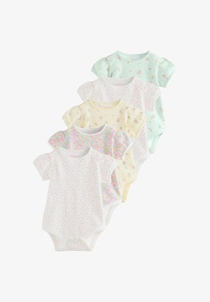 Cinci body-uri cu mânecă scurtă pentru bebeluși, în culori pastelate, cu modele mici florale, aranjate într-un evantai.