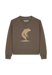 Bruine sweat met lange mouwen met een afbeelding van een beer die op een rode fiets rijdt, gecentreerd op de voorkant.