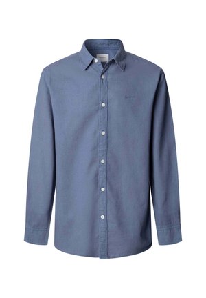 Chemise pour homme à manches longues, boutonnée, de couleur bleue unie avec un col pointu et des boutons blancs sur le devant.