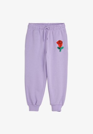 Lilac sweatpants with an elastic waistband and cuffs. Features an embroidered red rose on the left thigh, made of soft cotton fabric.