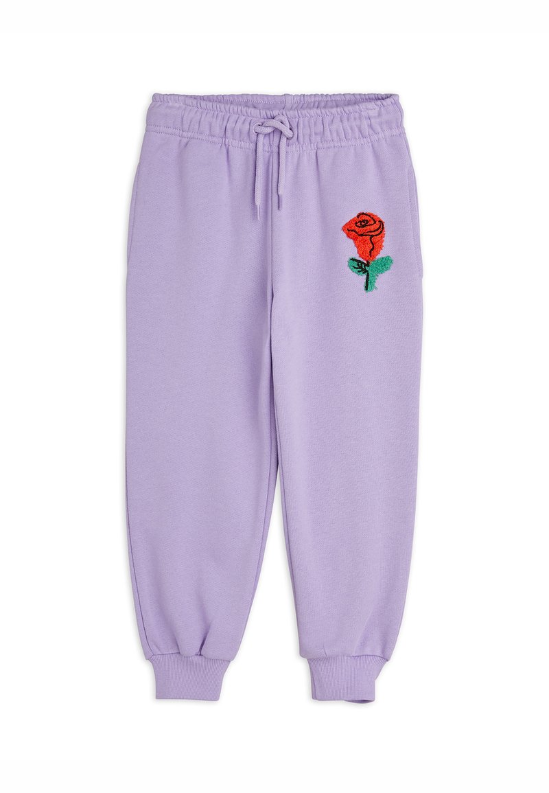 Lilac sweatpants with an elastic waistband and cuffs. Features an embroidered red rose on the left thigh, made of soft cotton fabric.