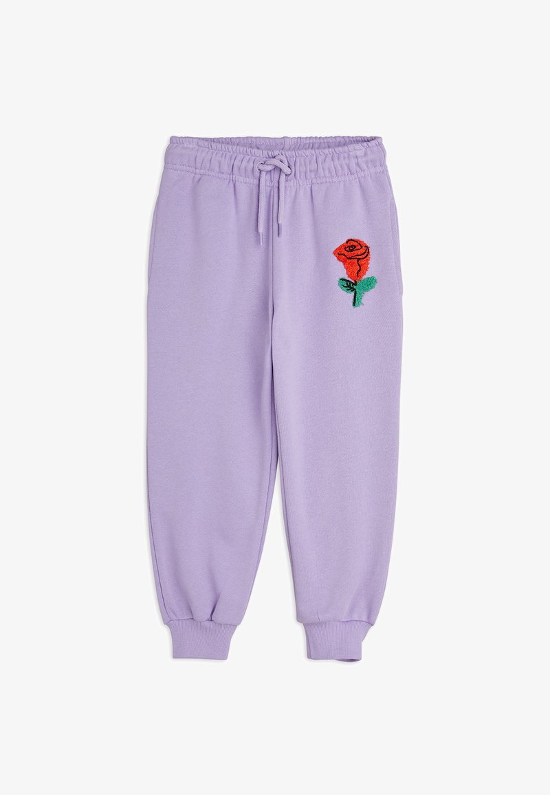 Pantalones de chándal lilas con cintura y puños elásticos. Presenta una rosa roja bordada en el muslo izquierdo, fabricados en suave tela de algodón.