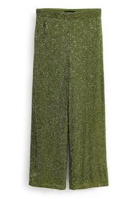 Pantalons larges verts en tissu texturé avec des côtes verticales, ornés de sequins scintillants pour un effet chatoyant.