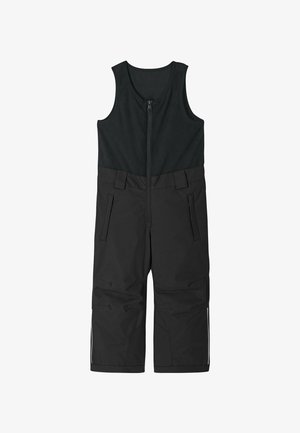 Schwarzer isolierter Schnee-Overall mit einem Reißverschluss vorne, ärmellosem Oberteil und zwei Taschen. Verfügt über verstärkte Knie und reflektierende Akzente.