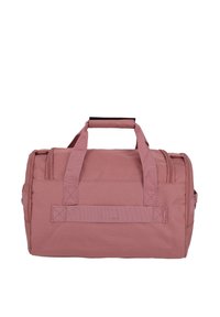 Rosa Sporttasche aus strukturiertem Stoff, mit zwei stabilen Griffen und rechteckiger Form, ausgestattet mit einem Reißverschlussdeckel und seitlichen Taschen.
