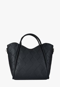 Bolso tote de cuero negro tejido con bordes superiores curvos, dos asas largas y un intrincado patrón de diamantes en la superficie.