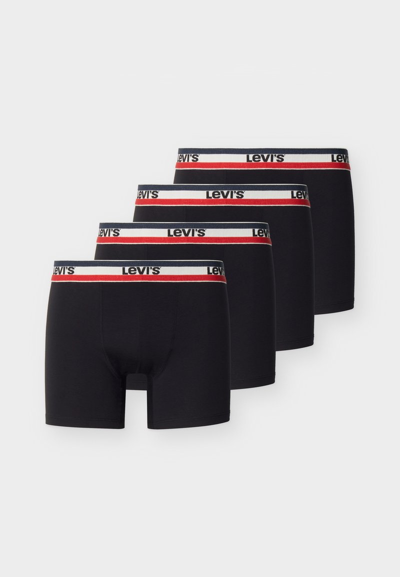 Four black Levi's boxer briefs arranged in a staggered row with white waistbands featuring red and navy stripes and the Levi's logo.