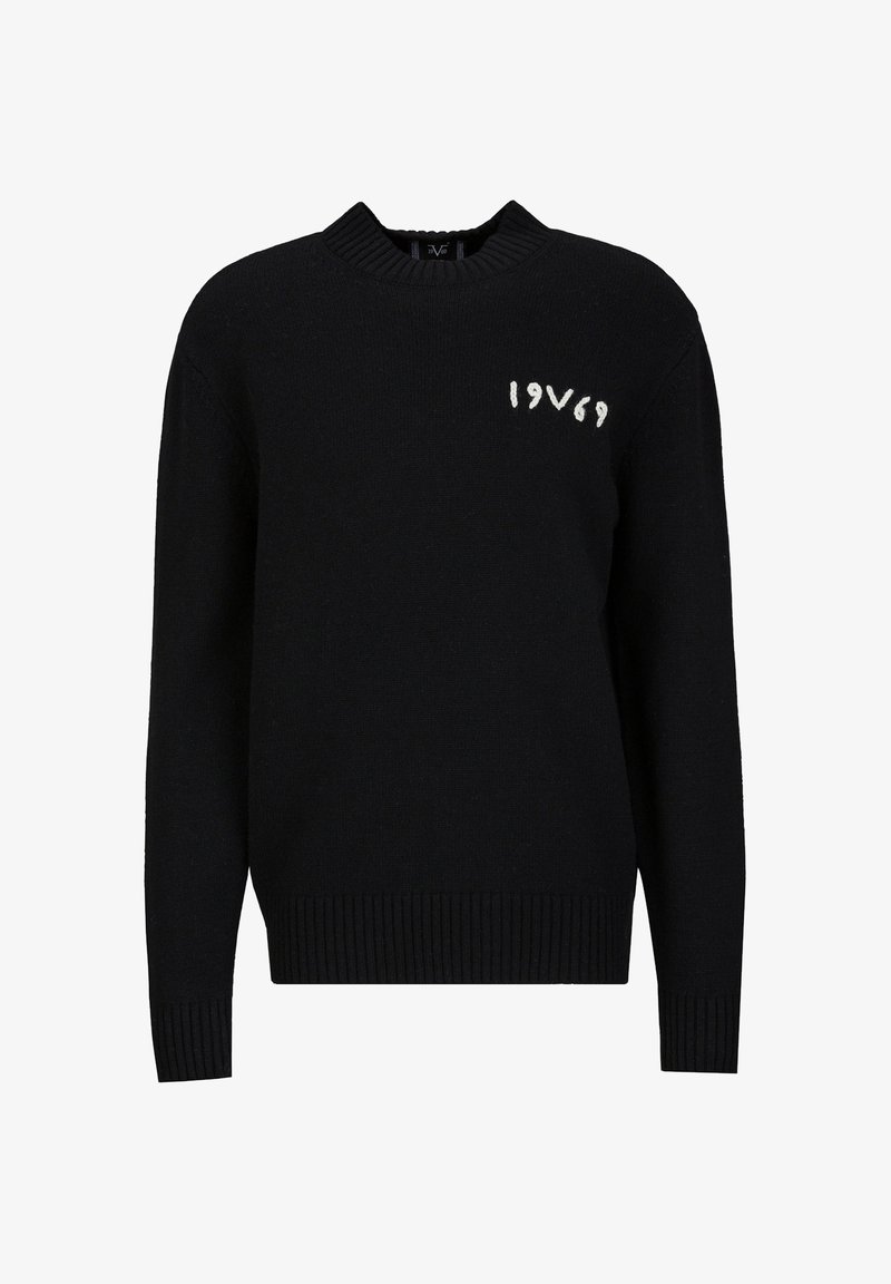 Schwarzer Strickpullover mit Rundhalsausschnitt und geripptem Saum. Auffälliges Detail: weißer gestickter Text "19V69" auf der linken Vorderseite.