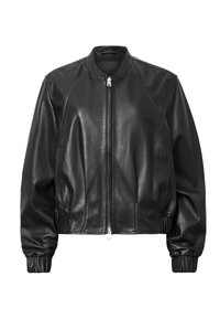 Giacca bomber in pelle nera con zip frontale, polsini a coste e vestibilità rilassata. Texture liscia, design semplice senza decorazioni visibili.