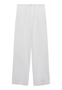 Pantaloni bianchi a gamba larga realizzati in tessuto leggero, con una vita elastica dotata di coulisse per una vestibilità regolabile.