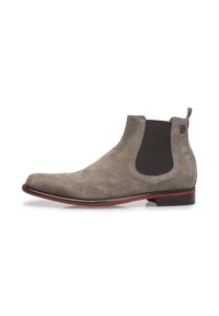 Graue Wildleder Chelsea-Stiefel mit elastischen Seiteneinsätzen, runder Zehenpartie und einer kontrastierenden roten Sohle. Mit einer Schlaufe zum einfachen Anziehen.