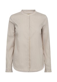 Stribet skjorte i beige og lys brun, med mandarin-krave, lange ærmer og rynkede manchetter. Glat, let stof tekstur.