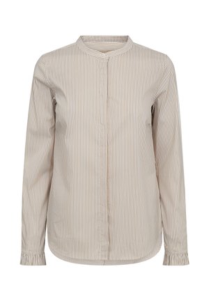 Prugasta srajca s gumbom v bež in svetlo rjavi barvi, z mandarin ovratnikom, dolgimi rokavi in zbranim manšetami. Gladek, lahek tekstil.