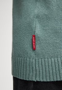 Maglione lavorato a maglia verde menta chiaro con orlo a costine. Presenta un piccolo etichetta rossa con "JOOP! JEANS" vicino al fondo. Texture morbida, design casual.