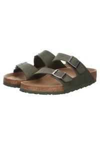 Green, two-strap sandals with adjustable buckles, cork footbed, and textured upper material. Rubber outsole for traction and durability.