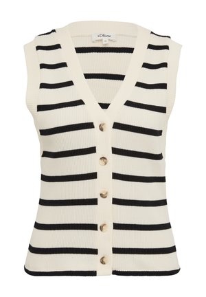 Bez rękawów, prążkowany kamizelka swetrowa, biała z czarnymi paskami, projekt z dekoltem w serek, pięć guzików z przodu, teksturowana tkanina, luźny krój, gładkie krawędzie.