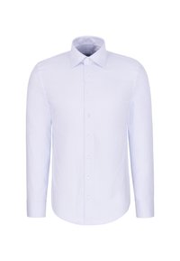 Chemise blanche à manches longues avec col italien et poignets à boutons, présentée de face sur un fond uni.