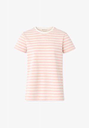 T-shirt a maniche corte con righe orizzontali rosa chiaro e bianche e scollo rotondo su sfondo bianco.