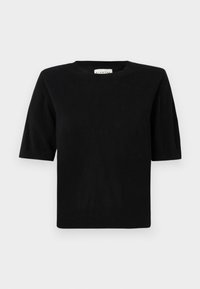 Schwarzes kurzärmliges Strickoberteil mit runder Ausschnitt und gerippten Bündchen. Verfügt über eine lockere, kastige Passform und eine weiche Textur. Etikett innen sichtbar.