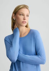 Hellblauer Pullover aus weichem Material, mit rundem Ausschnitt und dezenten gestickten Mustern. Lange Ärmel mit Bündchendetails.