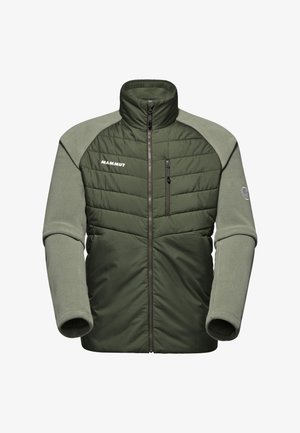 Olive green padded jacket with fleece sleeves, high collar, front zipper, zippered chest pocket, and "Mammut" logo on the left chest.