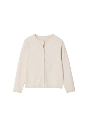 Cremefarbener Langarm-Cardigan mit Knöpfen, rundem Ausschnitt und kleinem Herzdetail nahe dem unteren Saum auf der rechten Seite.