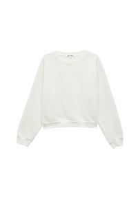 Sudadera blanca con mangas raglán, cuello redondo y puños acanalados. Tejido suave con un acabado ligeramente texturizado y un dobladillo recortado.