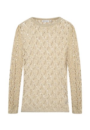 Strickpullover in hellbeige mit einem Rautenmuster aus Offenmaschen, langen Ärmeln, rundem Ausschnitt und strukturierter Oberfläche.