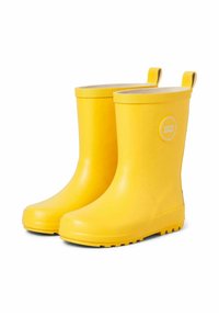 Bottes de pluie en caoutchouc jaunes avec une finition lisse, un bord supérieur texturé, et un logo circulaire. La semelle présente un motif pour une meilleure adhérence.