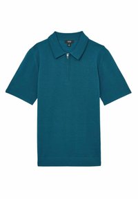 Tyrkysové polo tričko s krátkým rukávem vyrobené z měkké látky, s límečkem a polo zipem. Jednoduchá, jednobarevná bez vzorů.