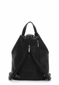 Schwarzer Leder-Rucksack mit einem eleganten Design in dreieckiger Form, doppelten seitlichen Reißverschlüssen und einem Tragegriff an der Oberseite für vielseitige Tragmöglichkeiten.