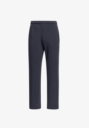 Navy blue sweatpants valmistettu pehmeästä kankaasta, jossa on joustava vyötärö, kaksi sivutaskua ja suorat lahkeet ilman kuvioita.