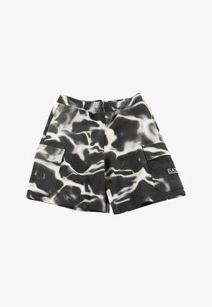 Pantaloncini cargo tie-dye bianco e nero con fascia elastica in vita e tasche laterali con patta, con logo EA7 sulla tasca destra.